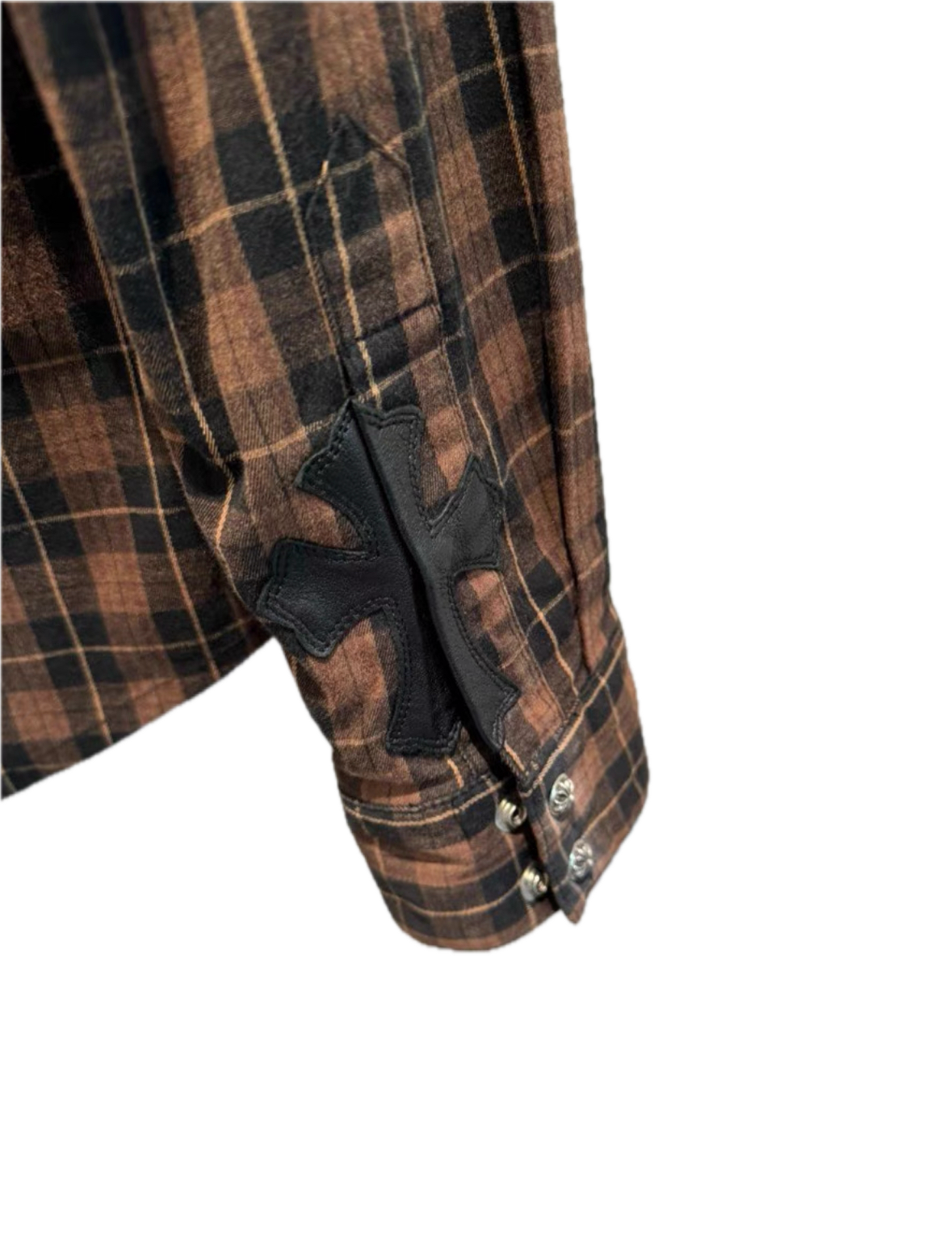 Chrome Hearts Plaid Leather-Panel Shirt w/ Silver Accents