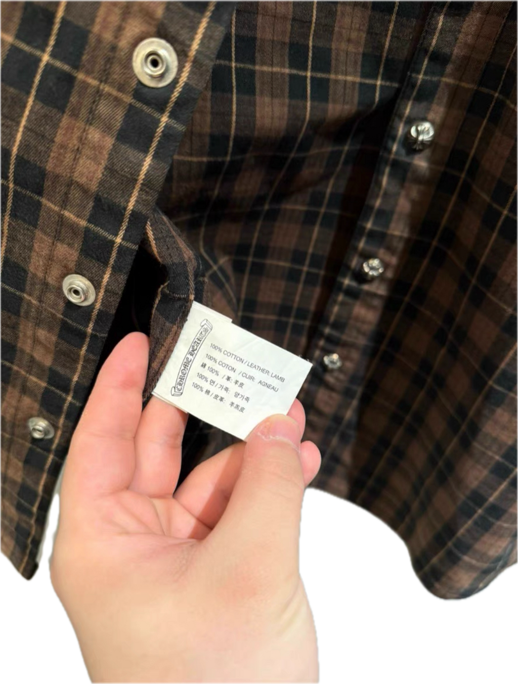 Chrome Hearts Plaid Leather-Panel Shirt w/ Silver Accents