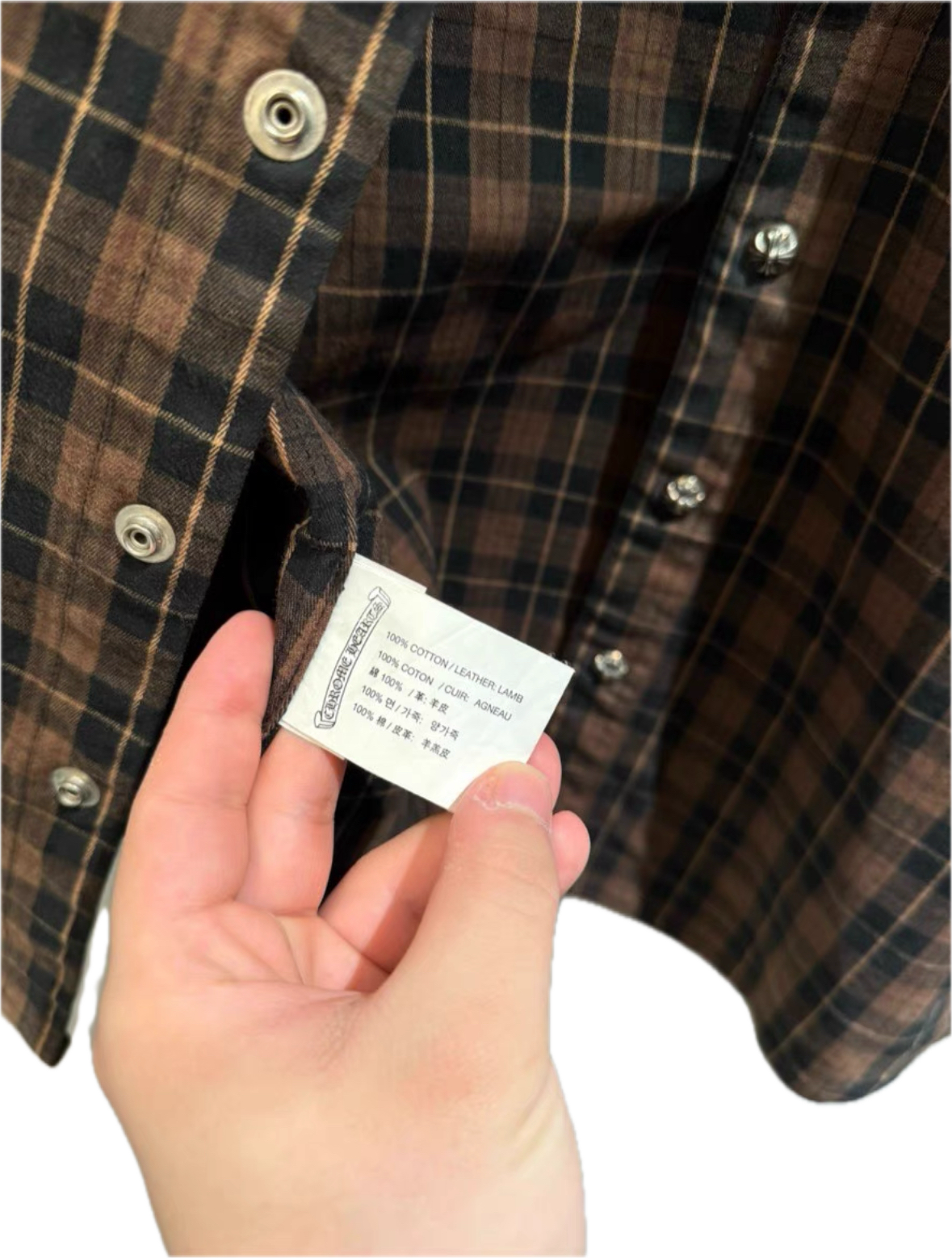 Chrome Hearts Plaid Leather-Panel Shirt w/ Silver Accents