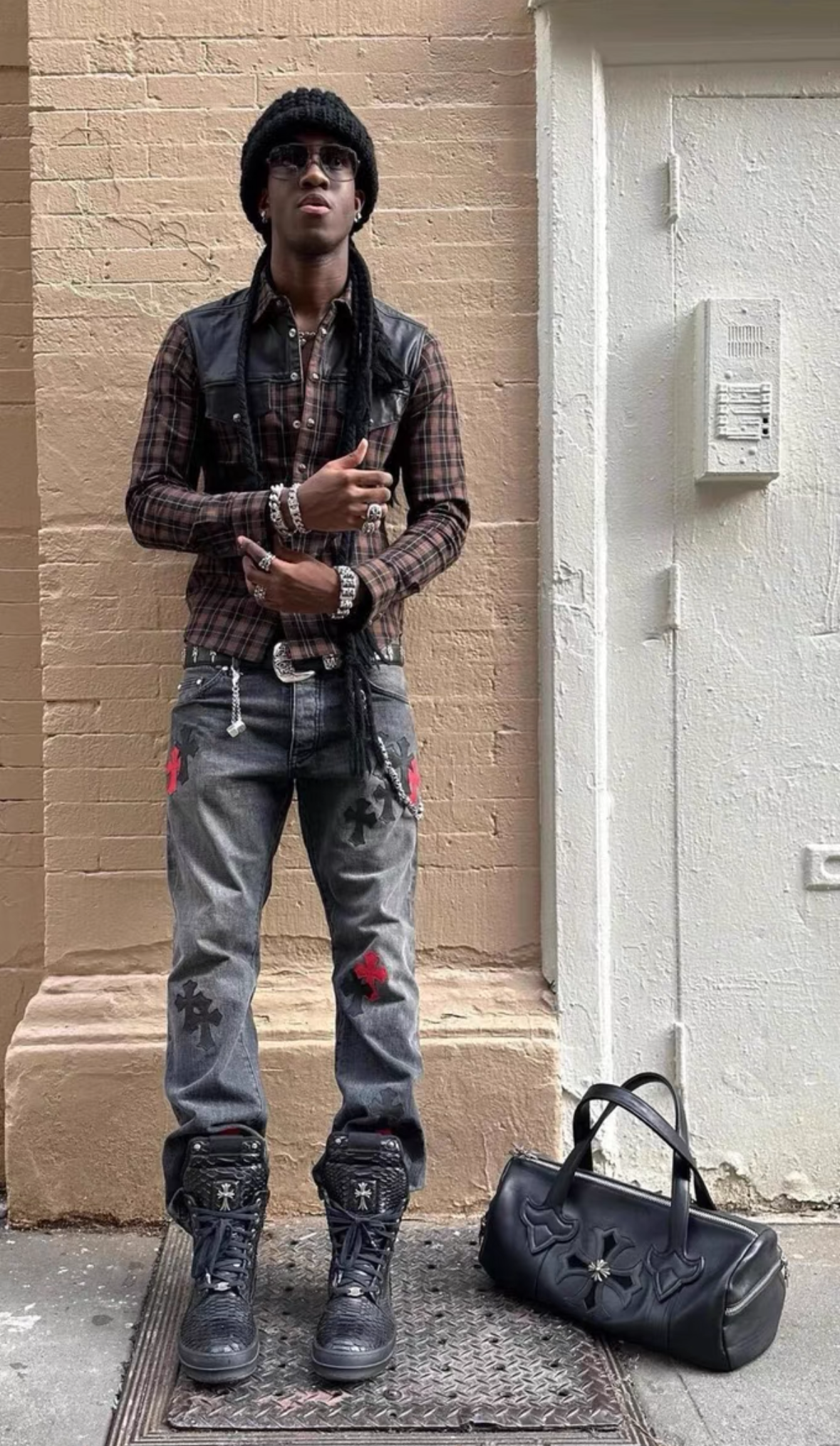 Chrome Hearts Plaid Leather-Panel Shirt w/ Silver Accents