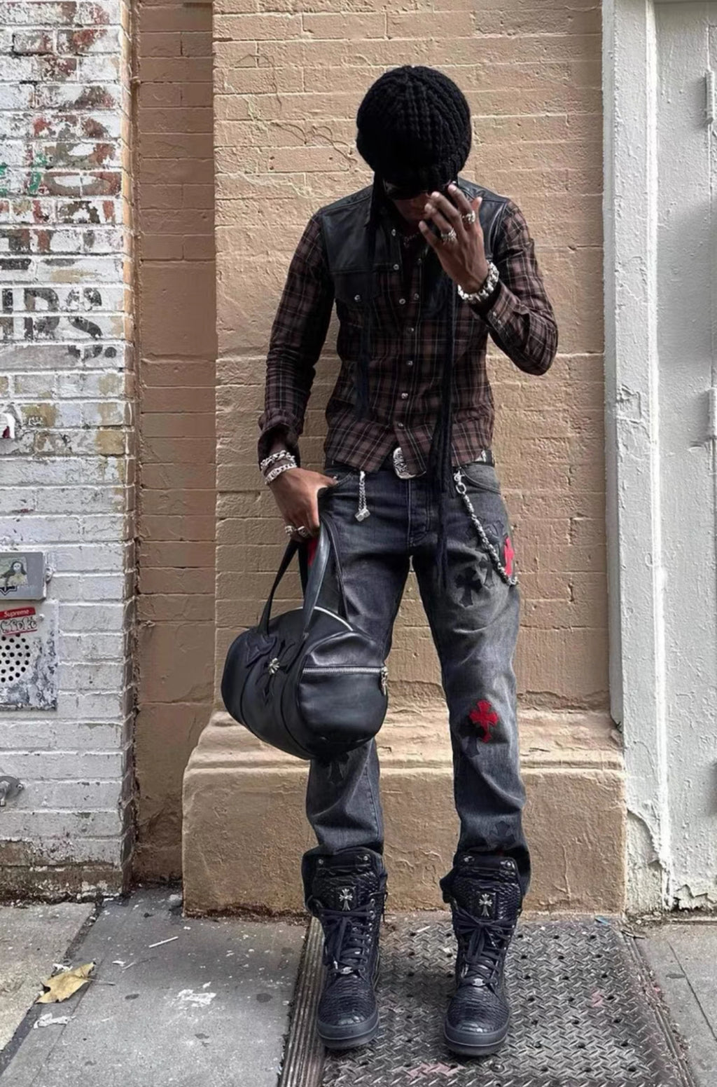 Chrome Hearts Plaid Leather-Panel Shirt w/ Silver Accents
