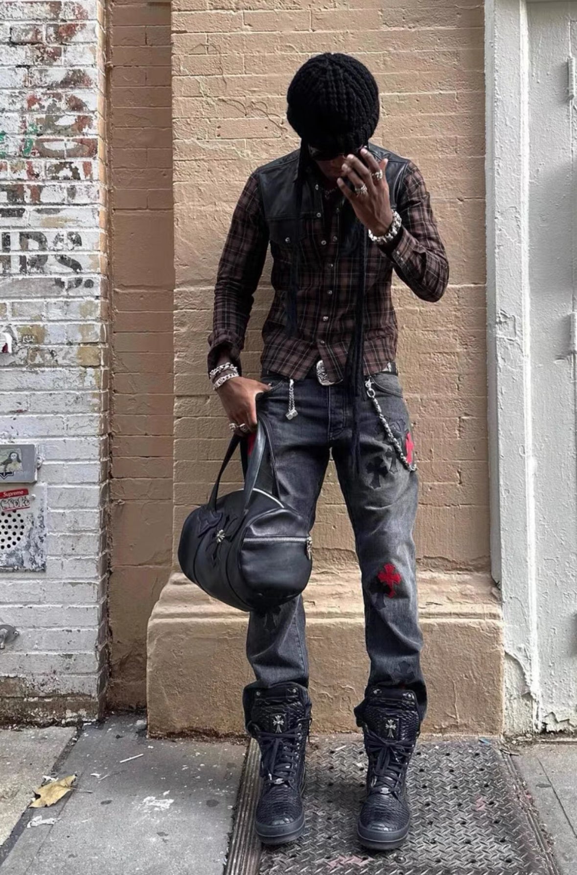 Chrome Hearts Plaid Leather-Panel Shirt w/ Silver Accents