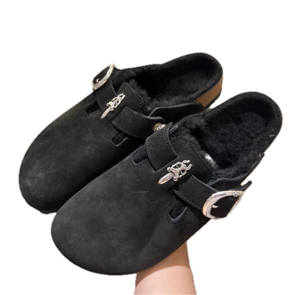 Chrome Hearts-style Sword Silver Hardware Suede Fur-Lined Clogs