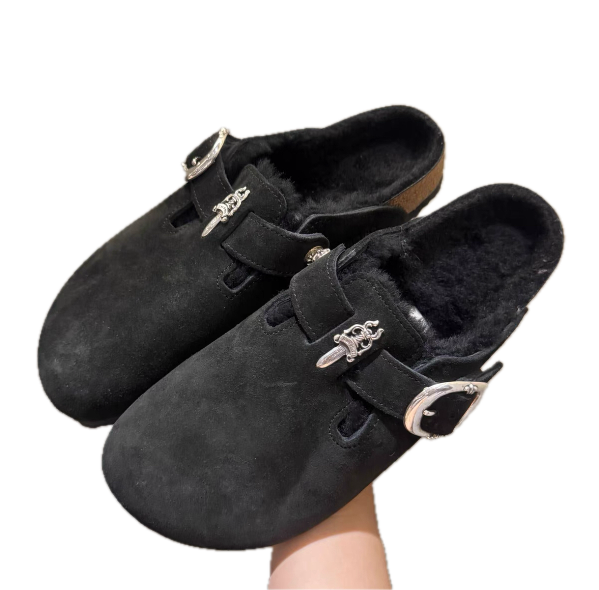 Chrome Hearts-style Sword Silver Hardware Suede Fur-Lined Clogs