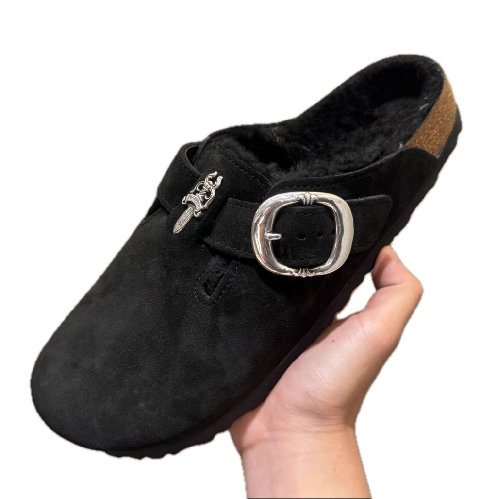 Chrome Hearts-style Sword Silver Hardware Suede Fur-Lined Clogs