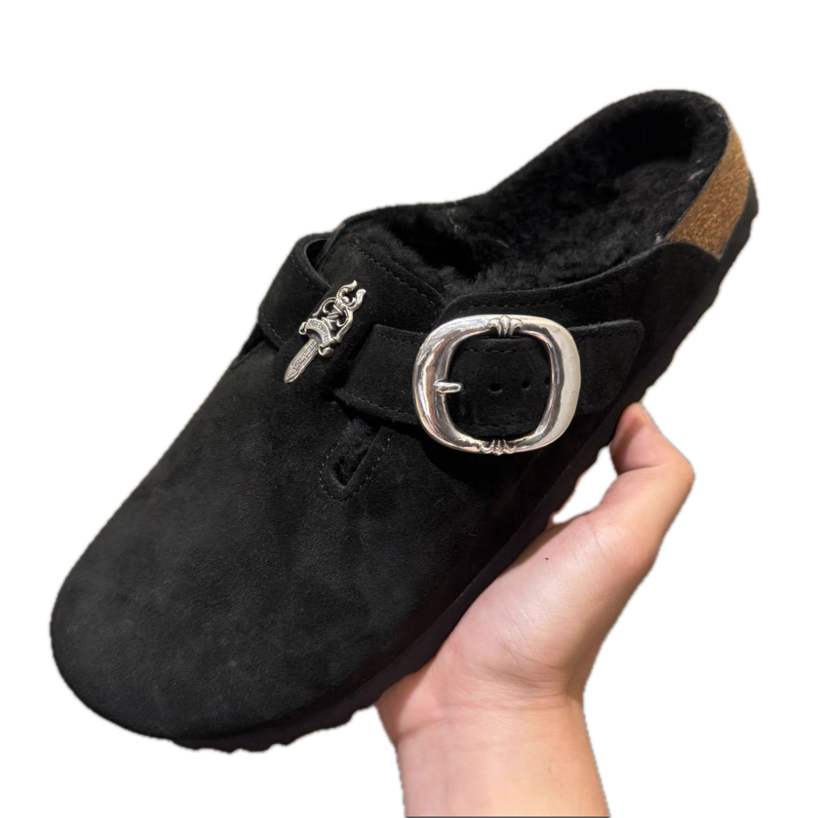 Chrome Hearts-style Sword Silver Hardware Suede Fur-Lined Clogs