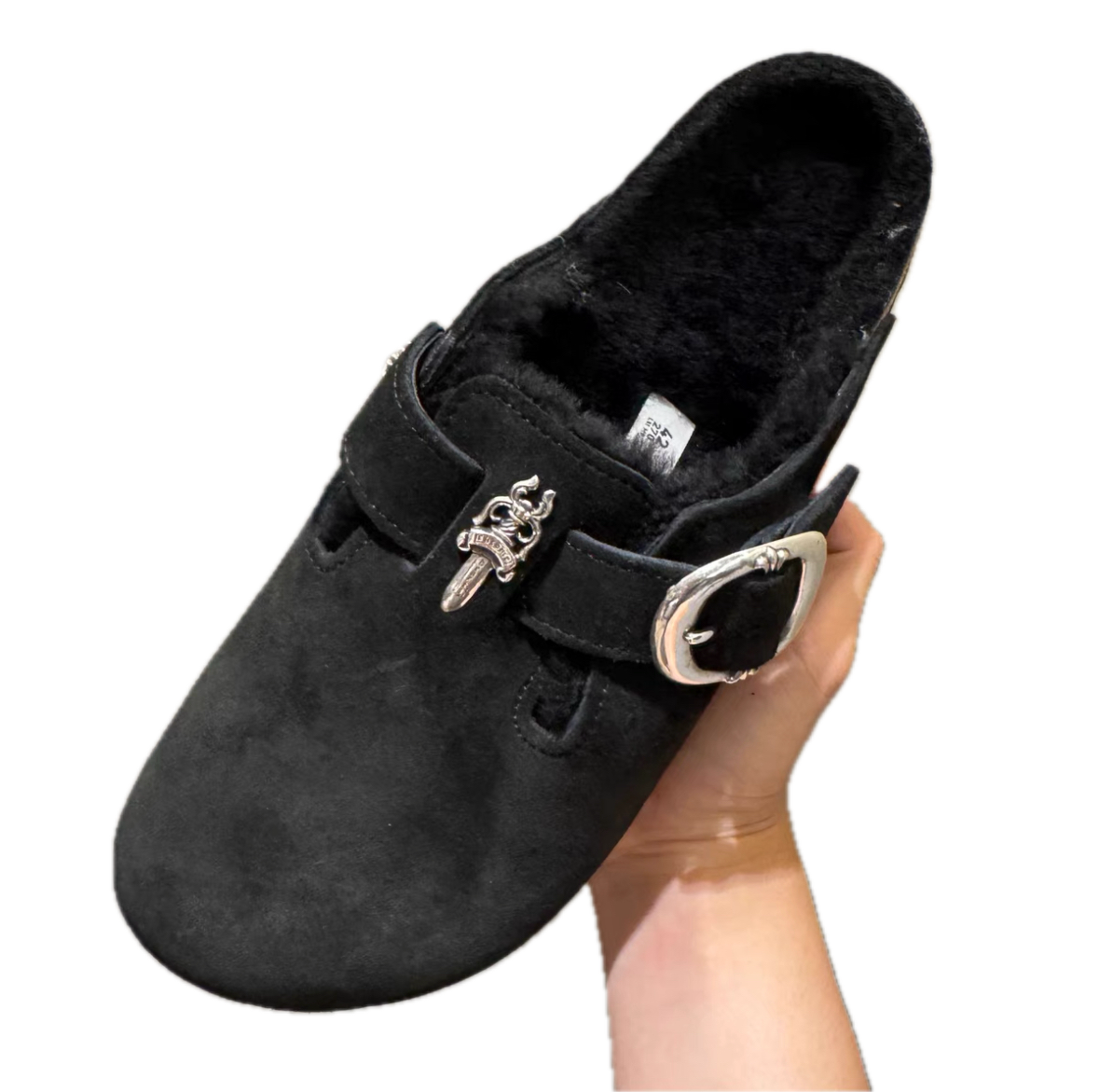 Chrome Hearts-style Sword Silver Hardware Suede Fur-Lined Clogs