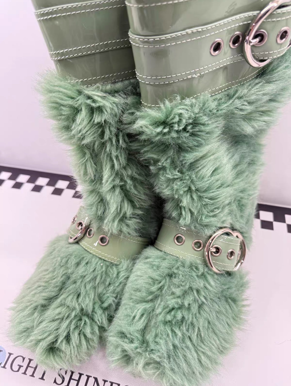 Miu Miu Runway Green Shearling Boots