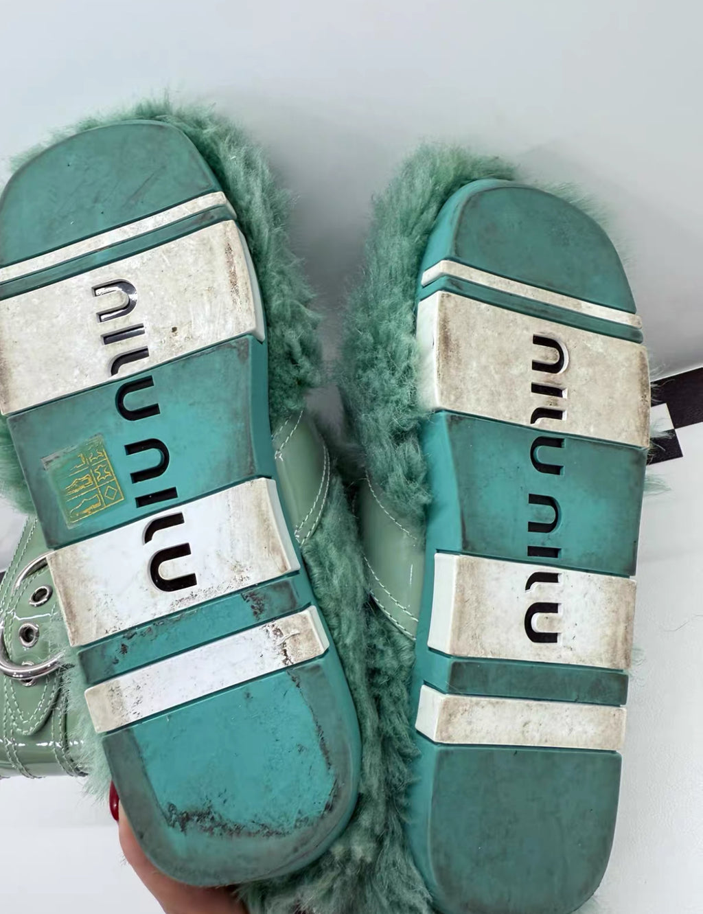 Miu Miu Runway Green Shearling Boots