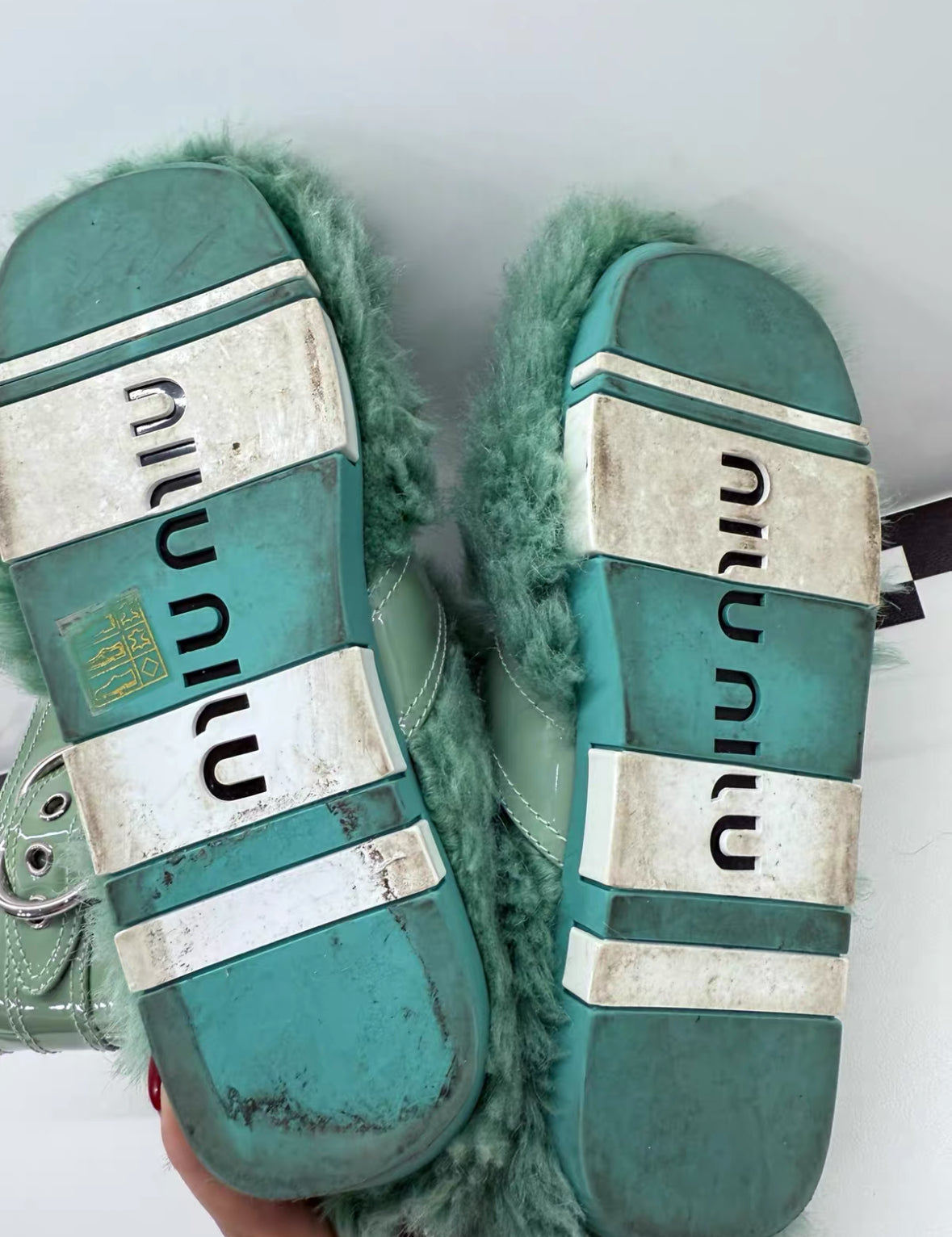 Miu Miu Runway Green Shearling Boots