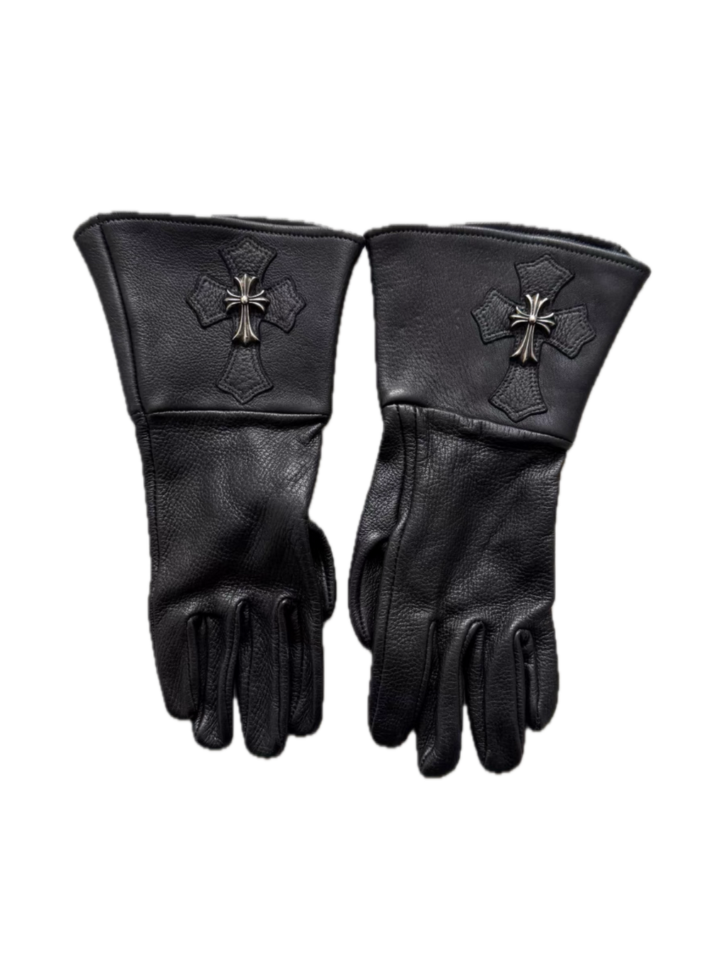 Chrome Hearts Silver Cross Patch Leather Gloves