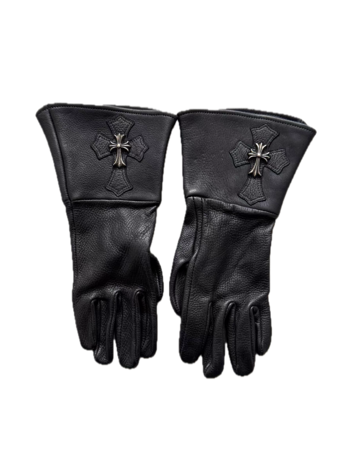 Chrome Hearts Silver Cross Patch Leather Gloves