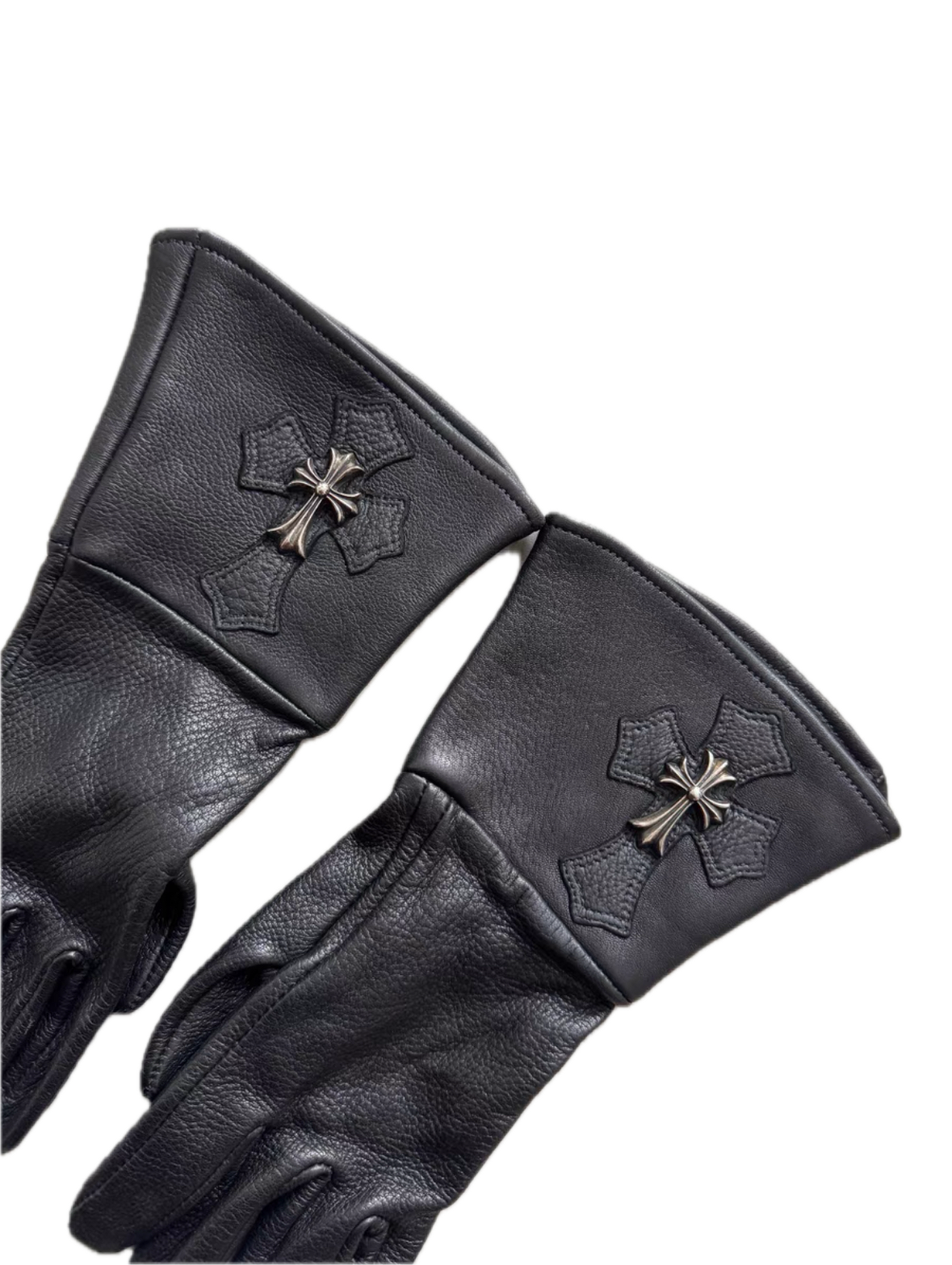 Chrome Hearts Silver Cross Patch Leather Gloves