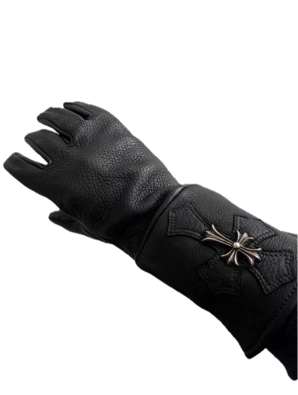 Chrome Hearts Silver Cross Patch Leather Gloves