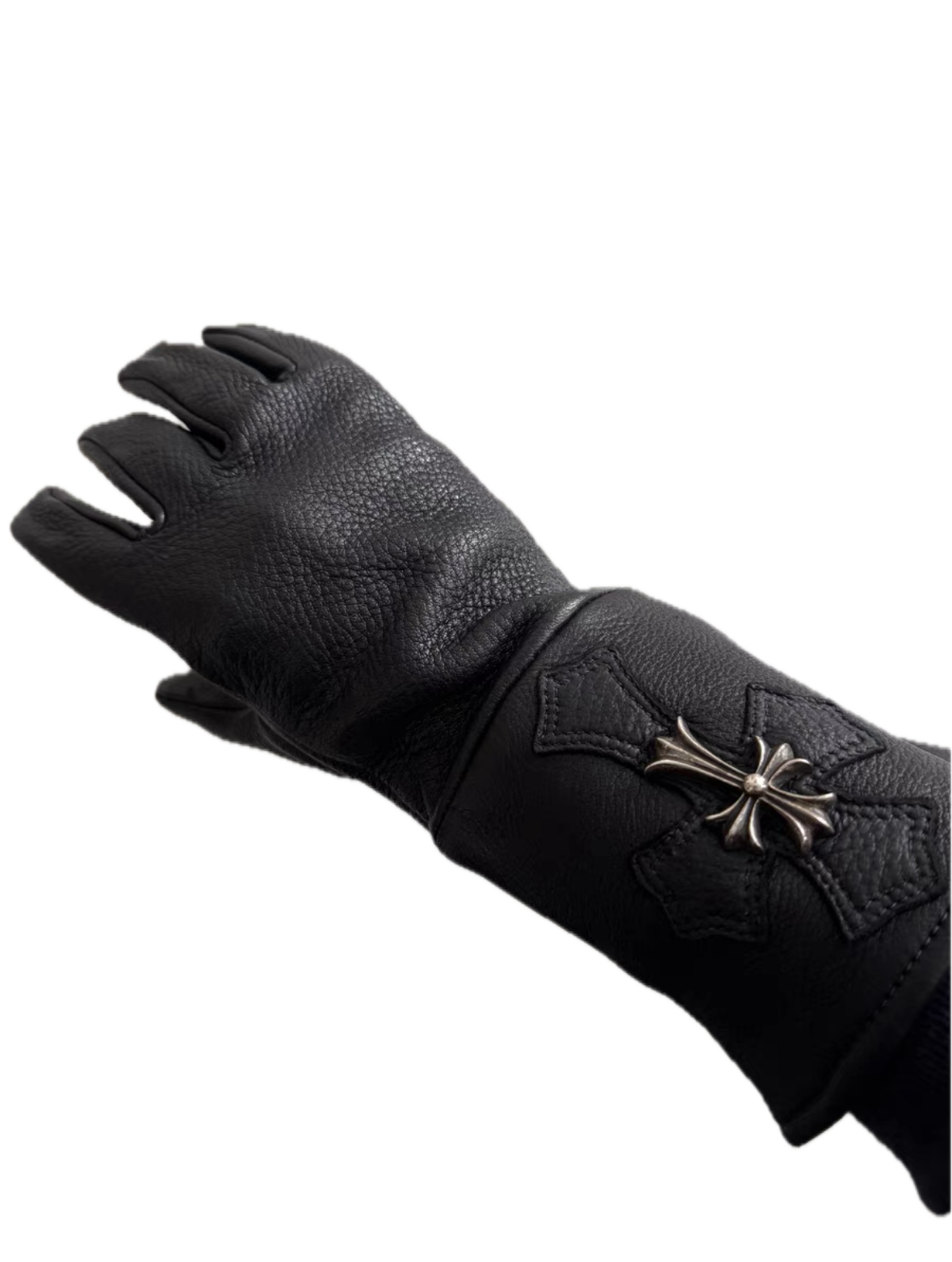 Chrome Hearts Silver Cross Patch Leather Gloves