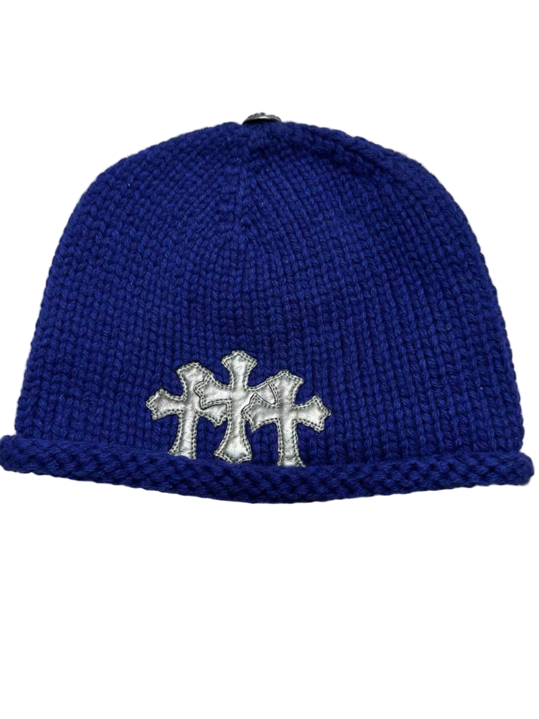 Chrome Hearts Champagne Gold Three Crosses Leather Patch Cashmere Blue Beanie