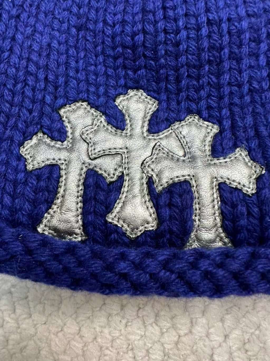 Chrome Hearts Champagne Gold Three Crosses Leather Patch Cashmere Blue Beanie