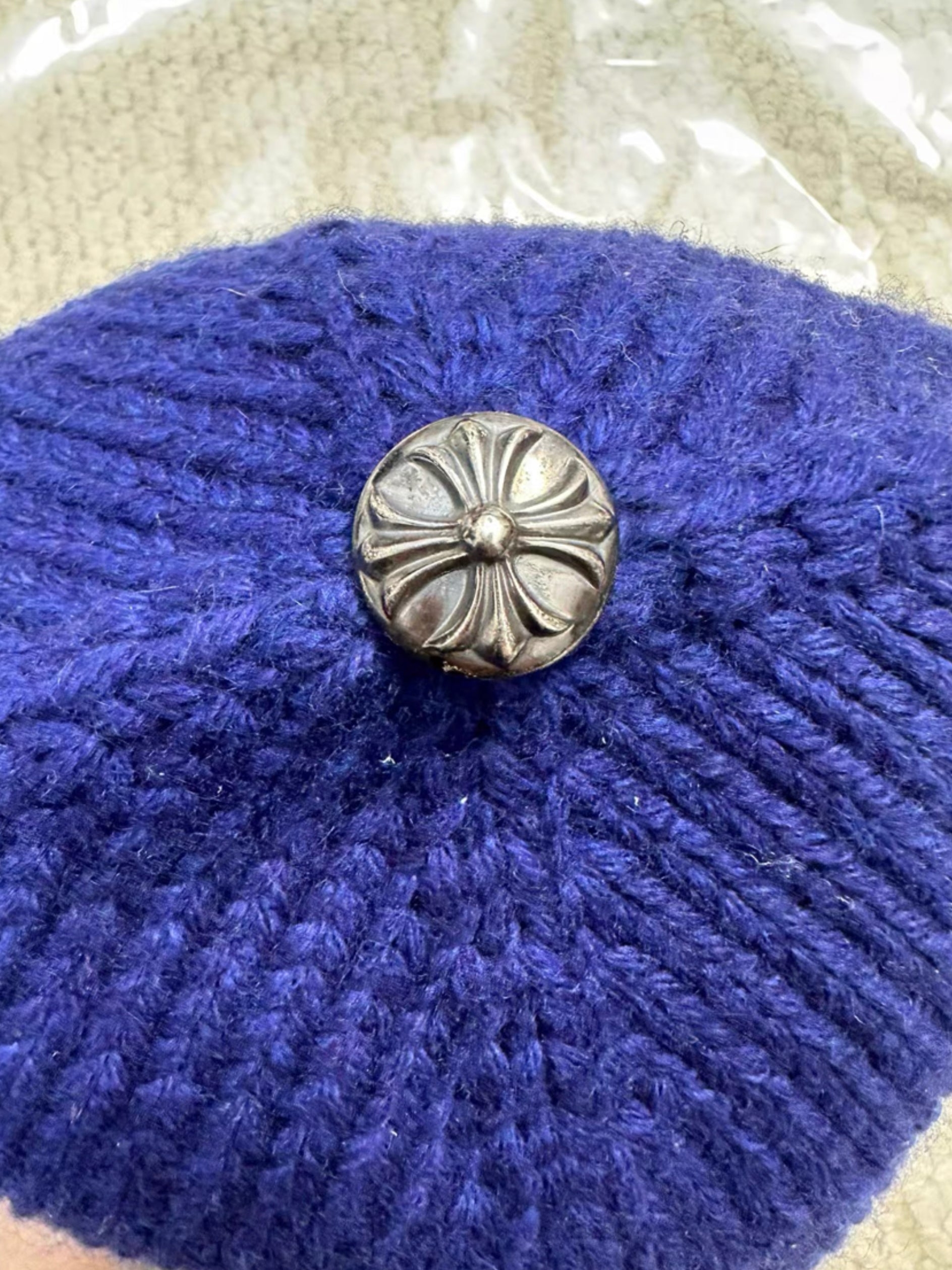 Chrome Hearts Champagne Gold Three Crosses Leather Patch Cashmere Blue Beanie