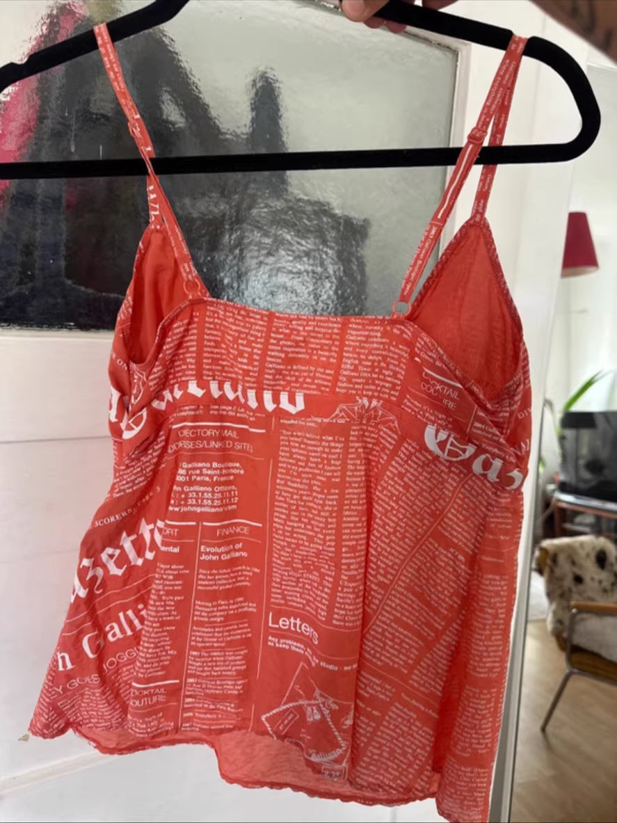 John Galliano “Gazette” Newspaper Print Camisole Top-Red