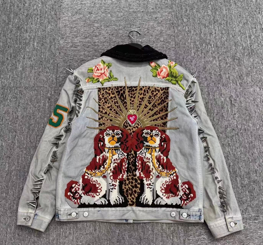 Gucci 17FW Dual Tiger Floral Embroidered Studded Velvet‑Collar Jacket