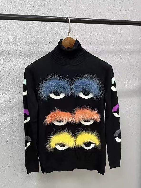 Fendi 15AW Bag Bugs Monster Fur-Trimmed Turtleneck Sweater