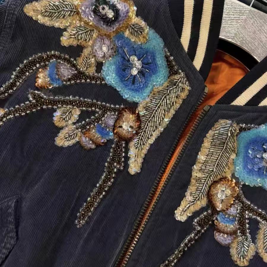 Gucci 17AW Floral Beaded Embellished Corduroy Bomber Jacket