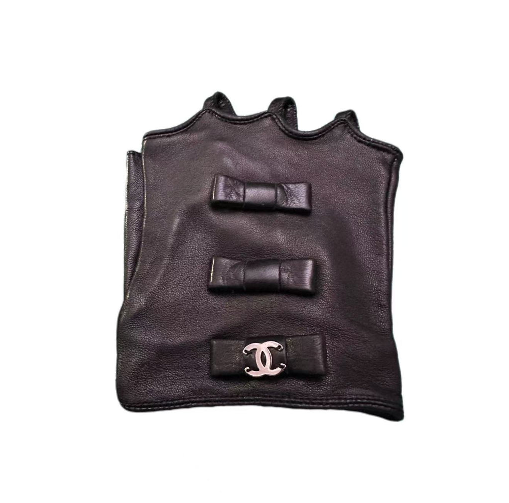 Chanel Black Fingerless Leather Gloves