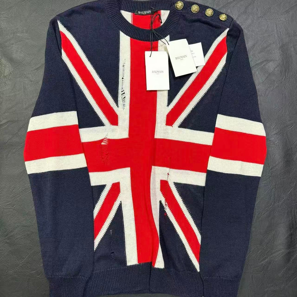 Balmain 16SS Distressed Union Jack Sweater