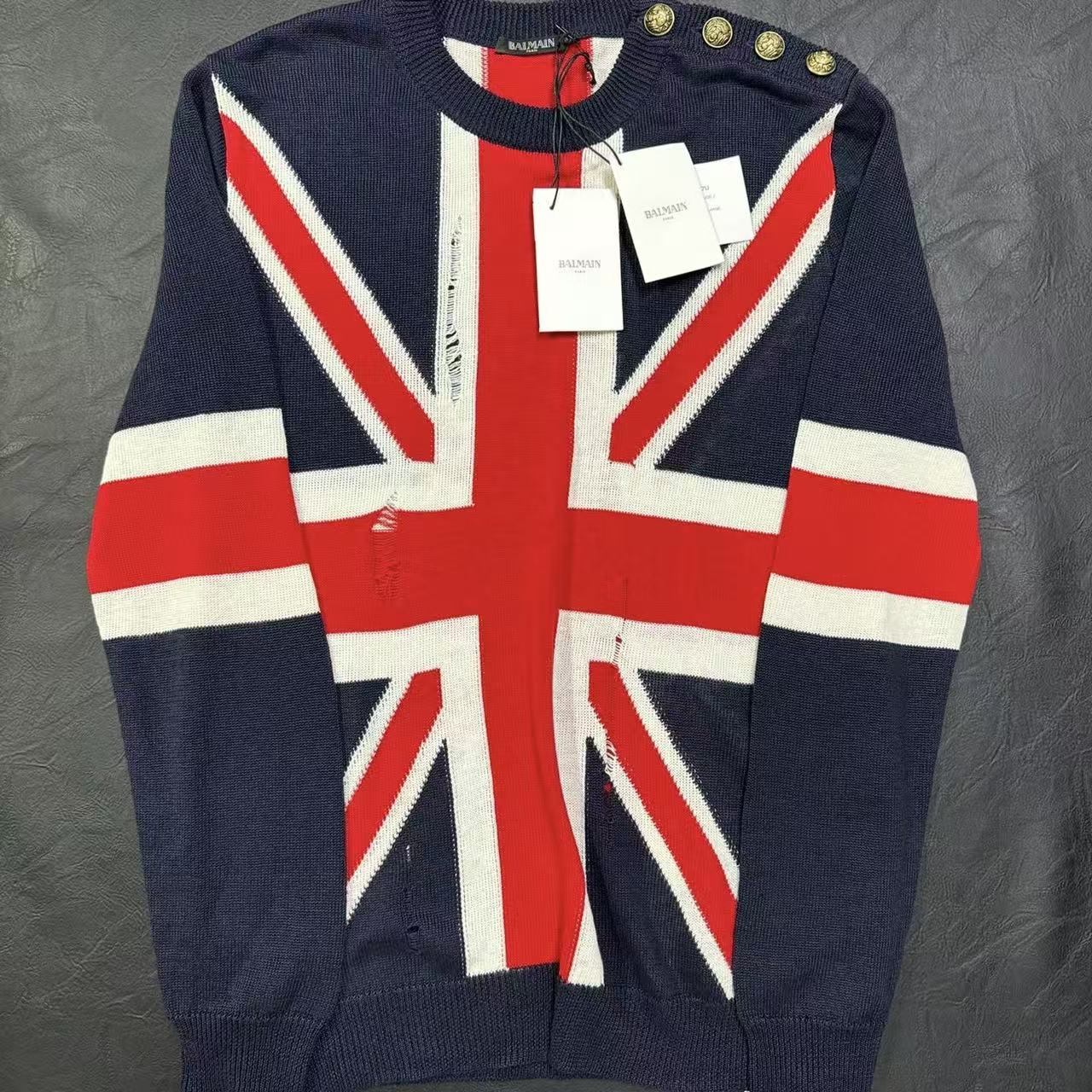 Balmain 16SS Distressed Union Jack Sweater