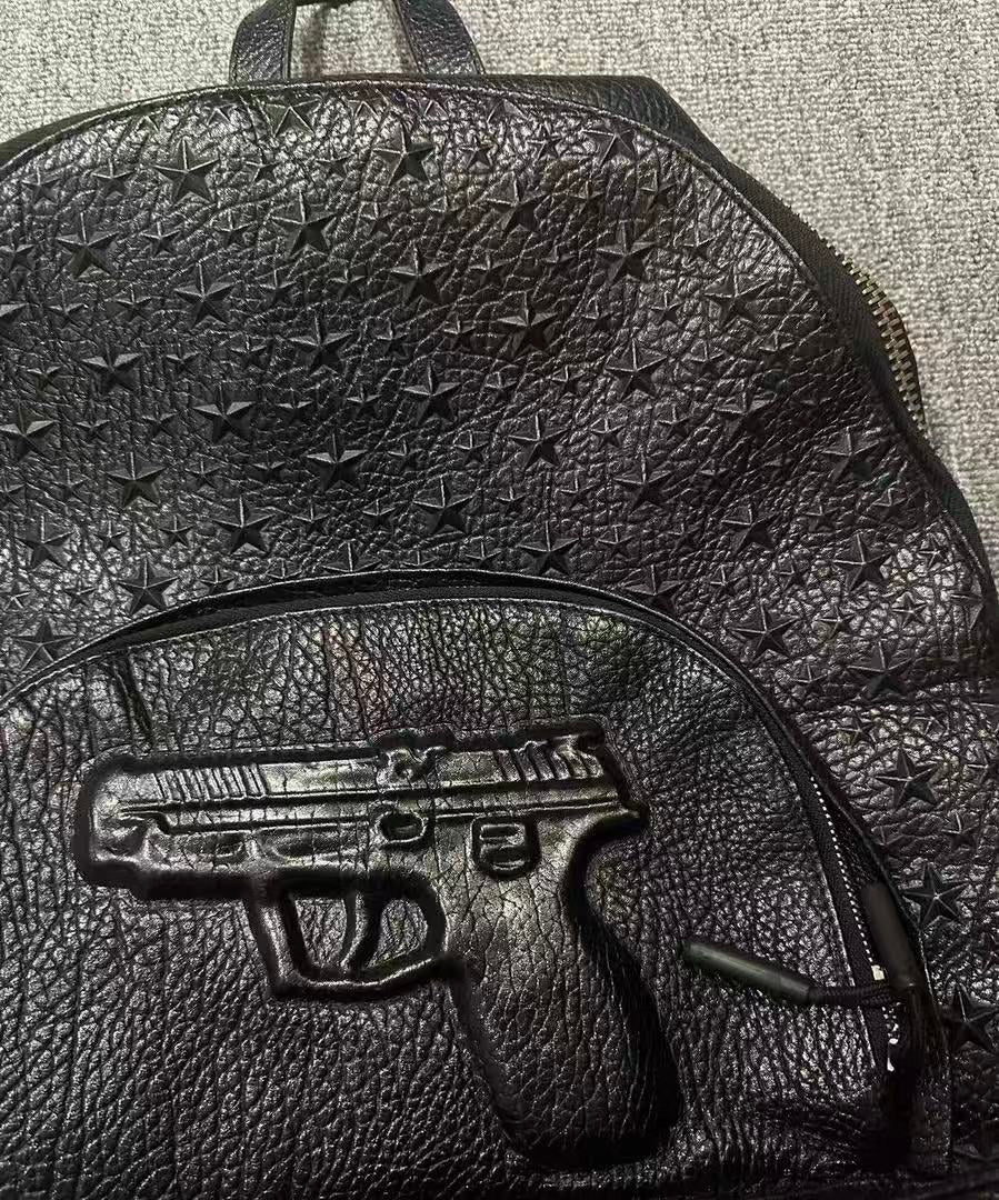 Philipp Plein Star Deboss Pistol Embossed Black Leather Backpack