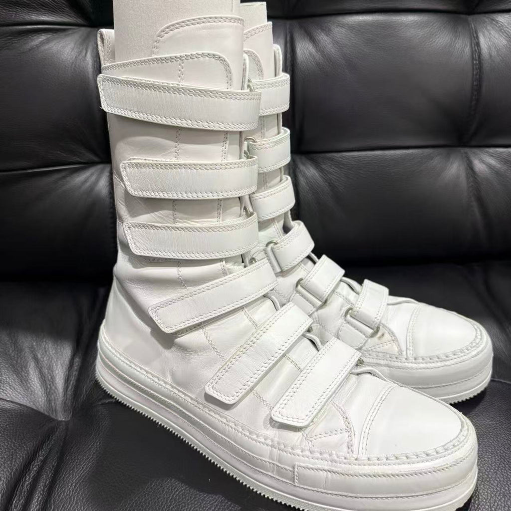 Ann Demeulemeester White 6 Strap Velcro High Top Leather Boots