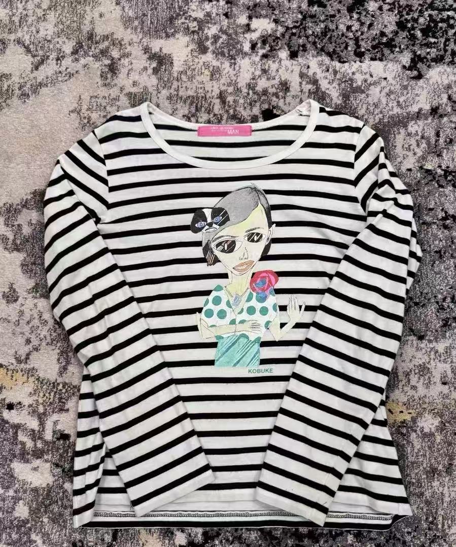 Junya Watanabe 02SS Kentaro Kobuke Striped Graphic Print Long-Sleeve Tee