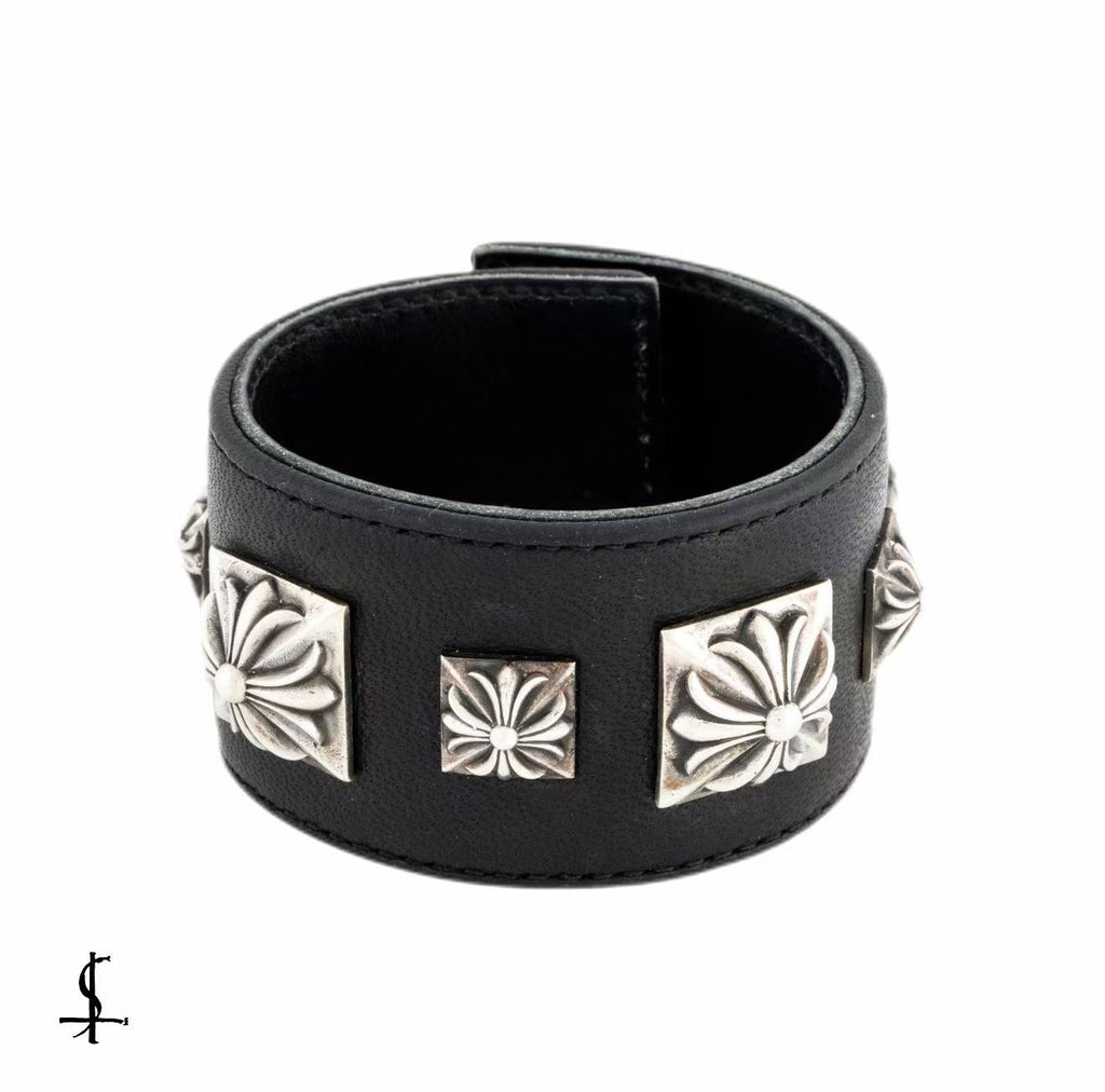 Chrome Hearts Studded Maltese Cross Leather Cuff Bracelet