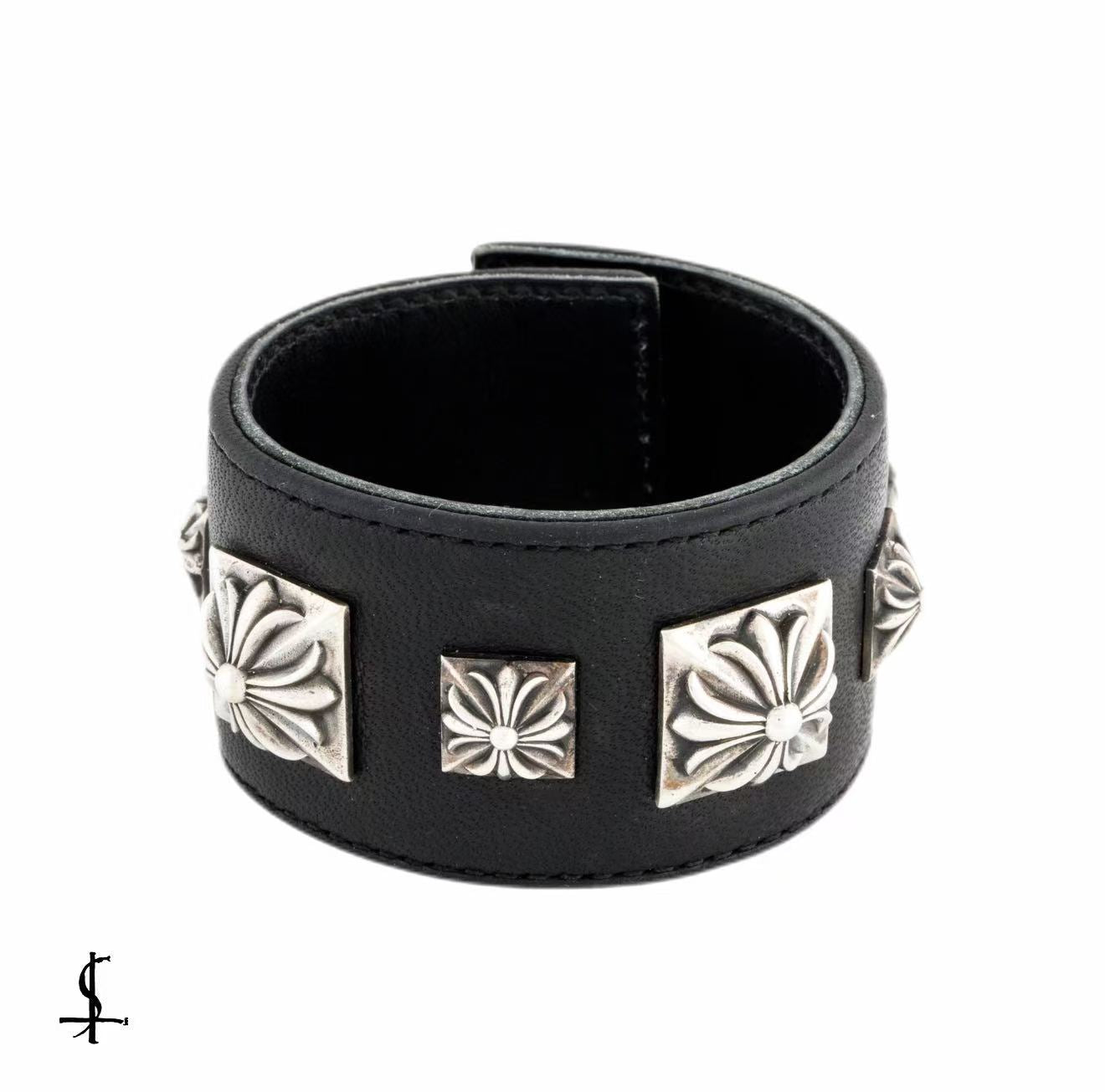 Chrome Hearts Studded Maltese Cross Leather Cuff Bracelet