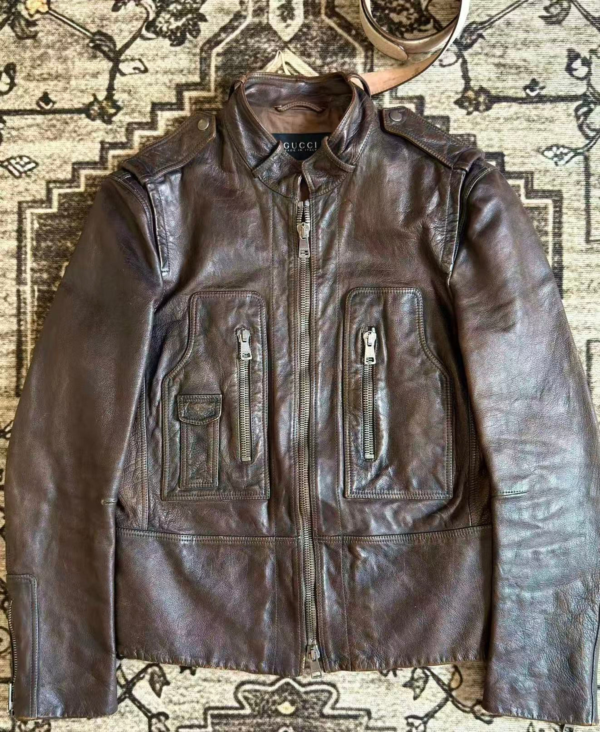 Gucci SS11 Runway Minotaur Embroidery Distressed Moto Leather Jacket