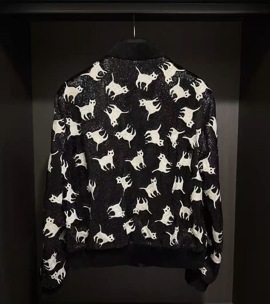Saint Laurent 18FW Black Sequin Cat Embroidered Jacket