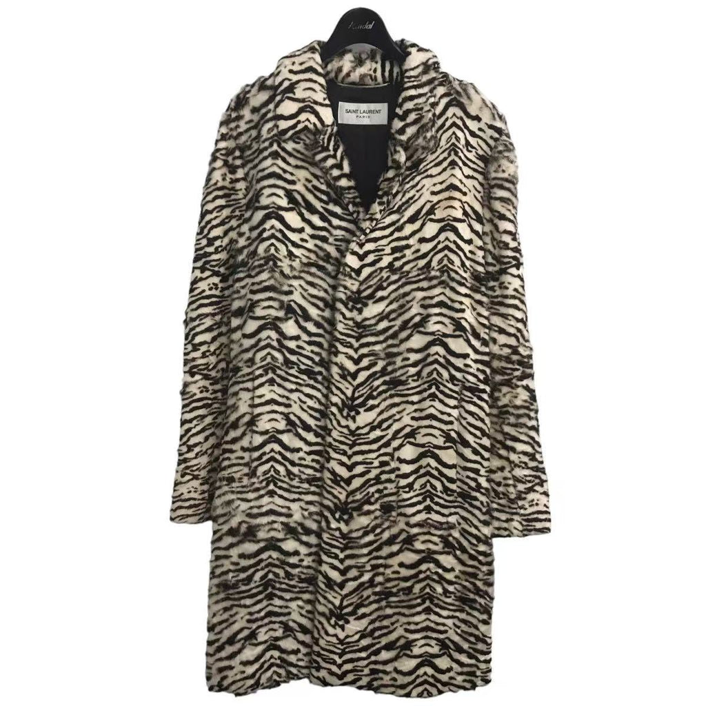 Saint Laurent 15AW Black and White Tiger Stripe Full Lambskin Shearling Fur Overcoat