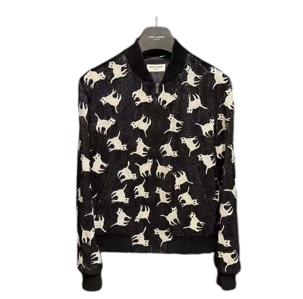 Saint Laurent 18FW Black Sequin Cat Embroidered Jacket
