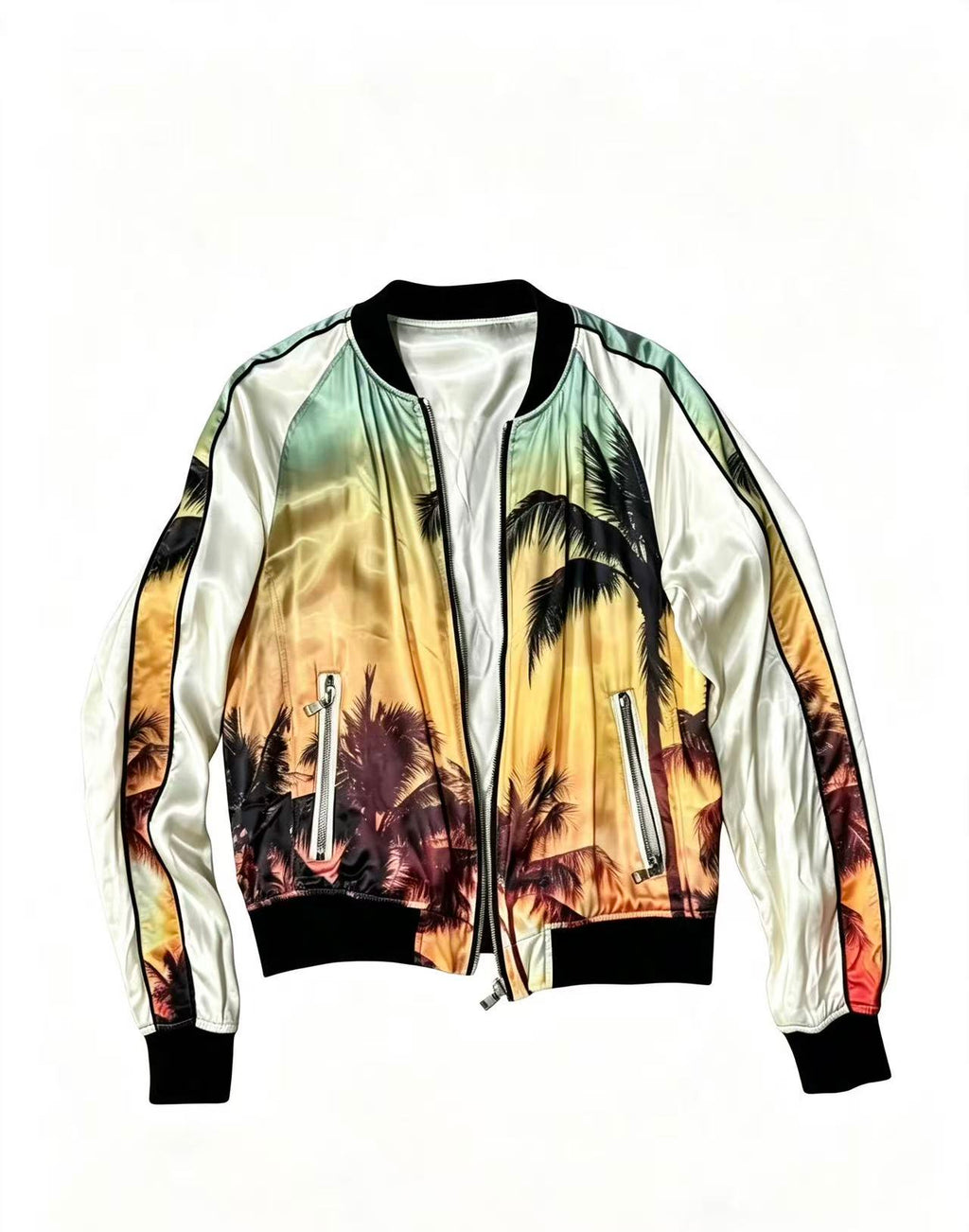 Balmain SS19 Sunset Palm Tree Satin Bomber Jacket