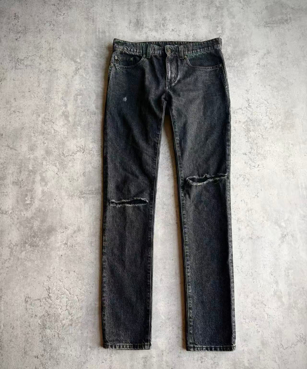 Saint Laurent 18AW D02 Washed Black Knee Ripped Skinny Jeans