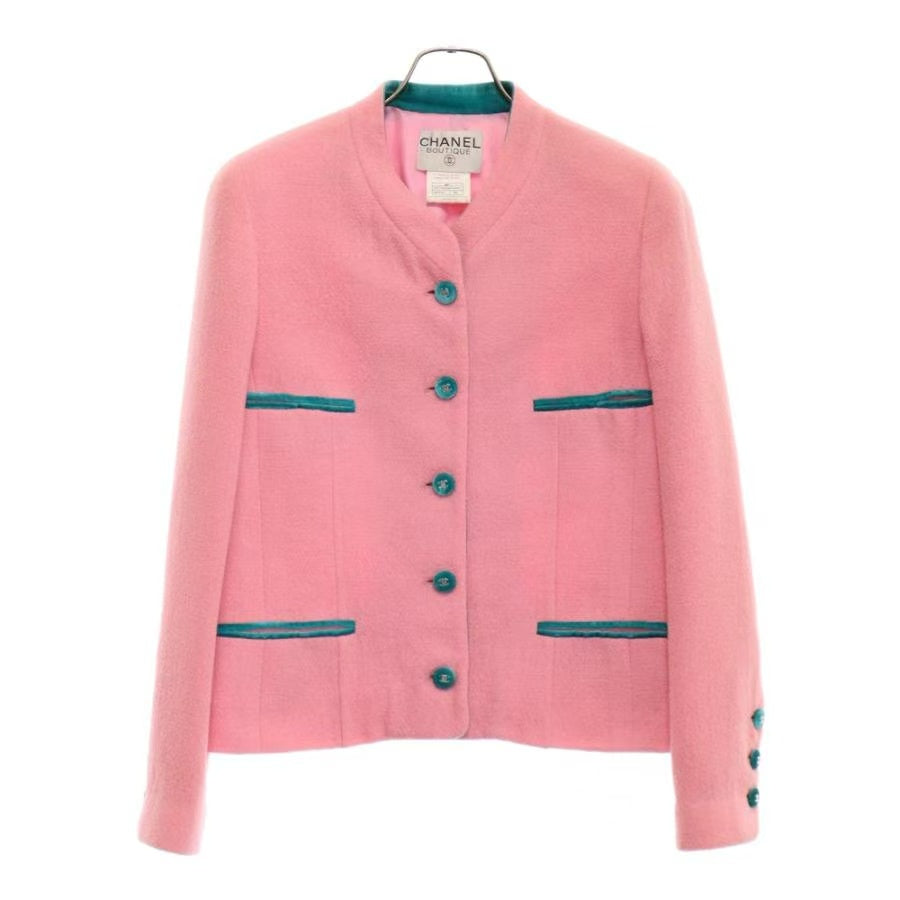 Chanel 96SS Pink & Green Velvet Trim Tweed Jacket