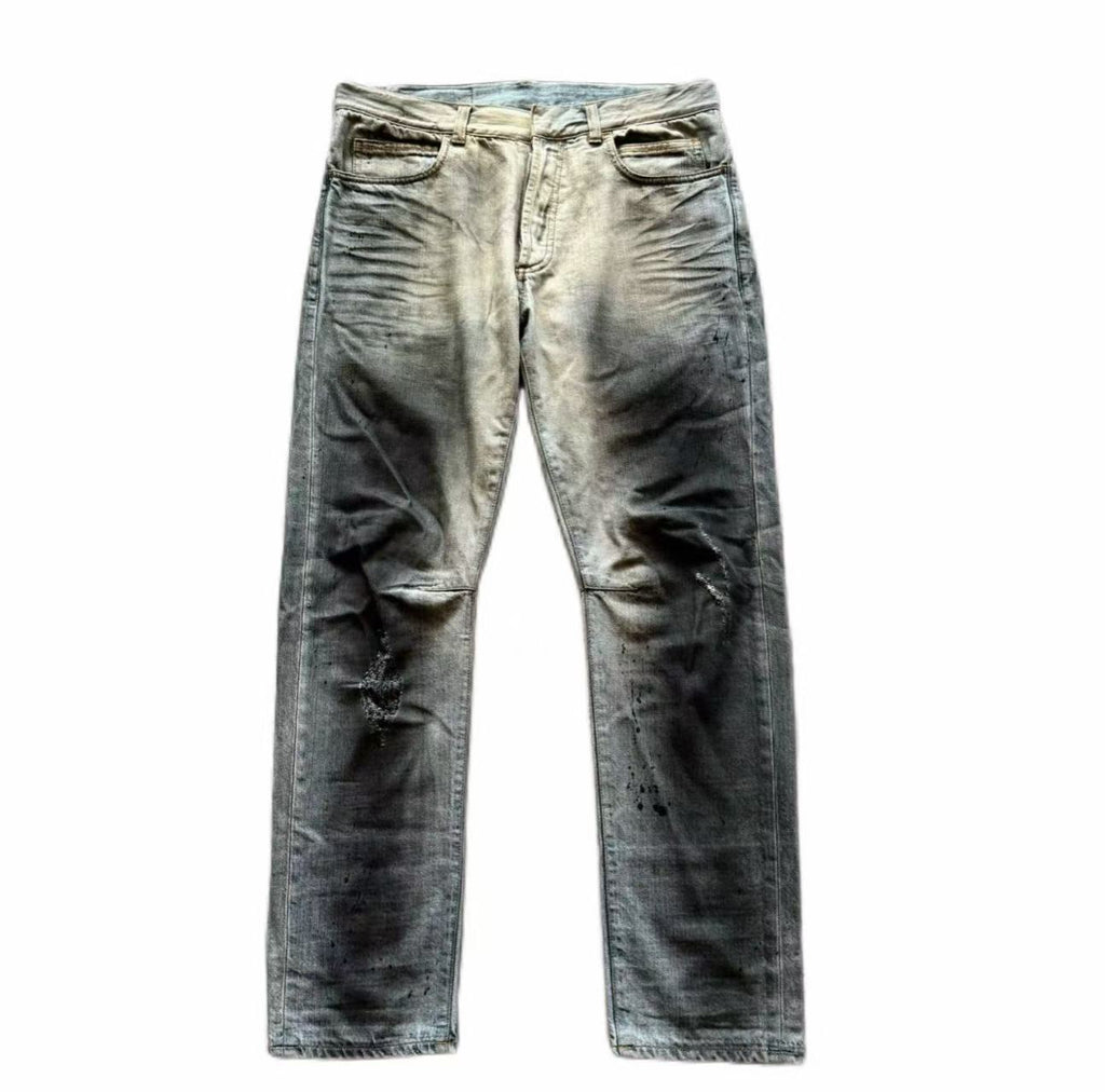Balmain 11SS Ice Blue Wash Ghost‑Claw Oil‑Stain Splatter Curved Denim Jeans