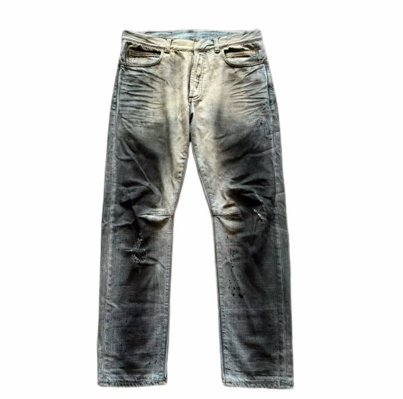 Balmain 11SS Ice Blue Wash Ghost‑Claw Oil‑Stain Splatter Curved Denim Jeans