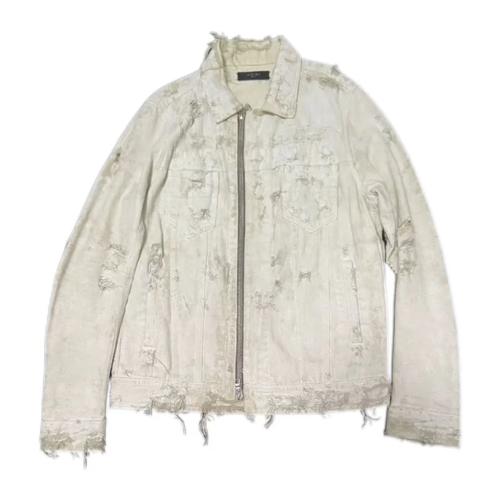 AMIRI 15ss White Heavy Distressed Full Zip Trucker Denim Jacket