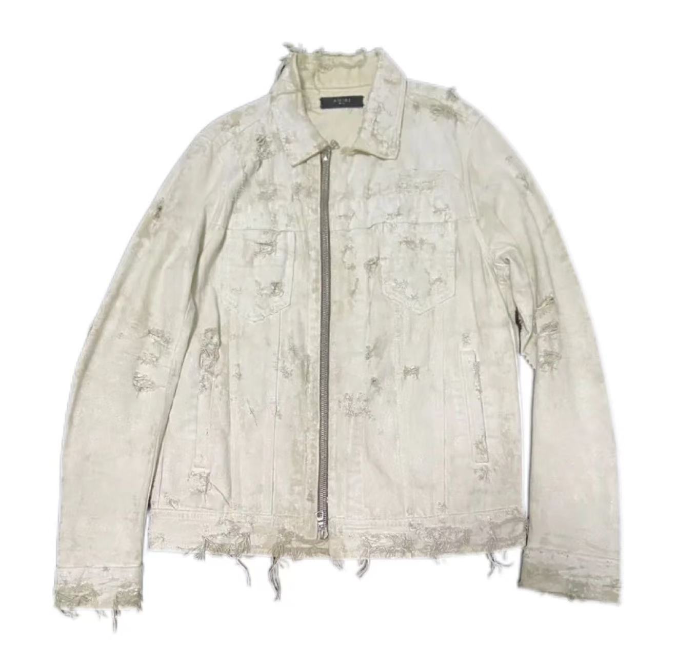 AMIRI 15ss White Heavy Distressed Full Zip Trucker Denim Jacket