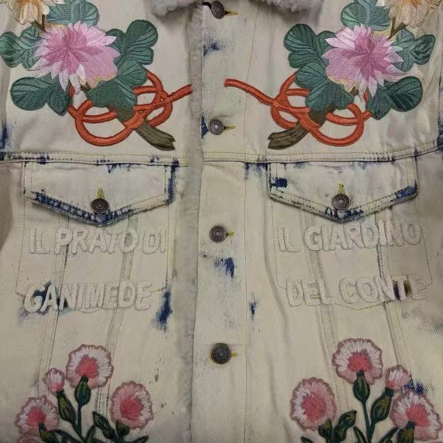 Gucci 17FW Phoenix Floral Embroidered Shearling Denim Jacket