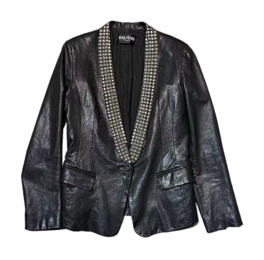 Balmain 09SS By Christophe Decarnin Studded Leather Shawl Collar Blazer