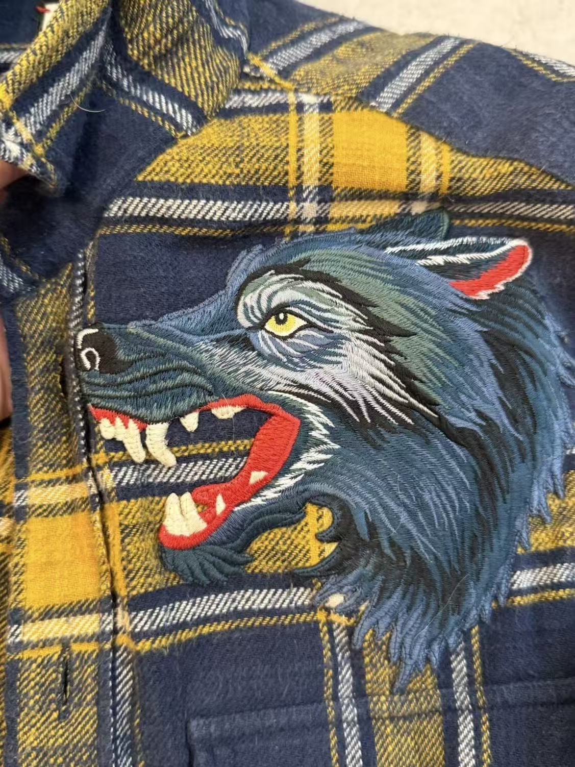 Gucci 17SS Animalium Wolf Embroidered Check Flannel Shirt