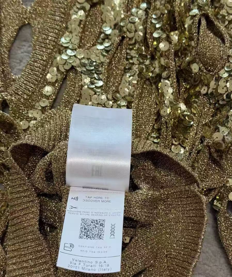 Valentino 23SS Gold Sequin Cut‑Out Open‑Knit Sweater