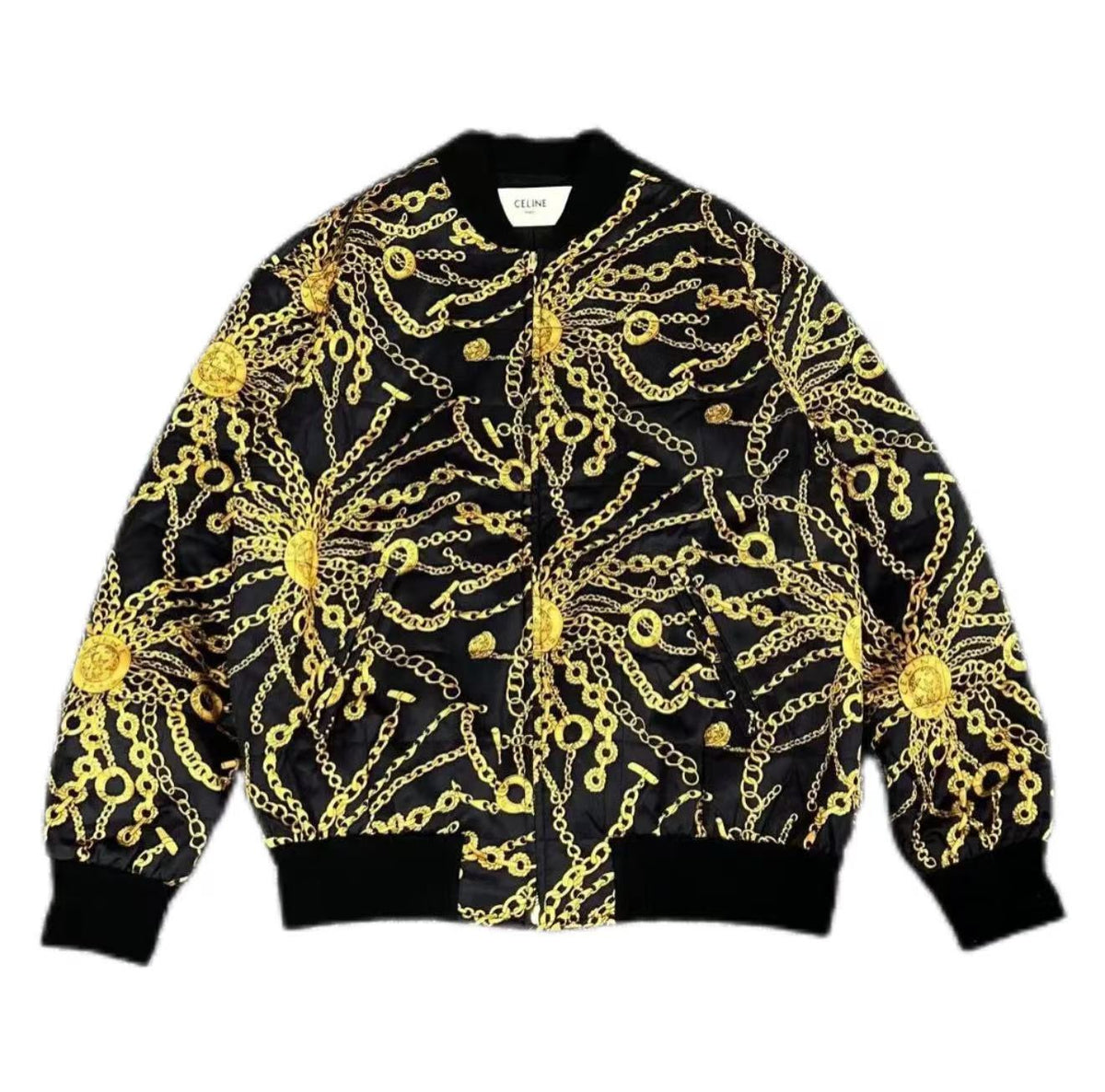 Celine 21SS Baroque Gold Chain Print Quilted Bomber Jacket